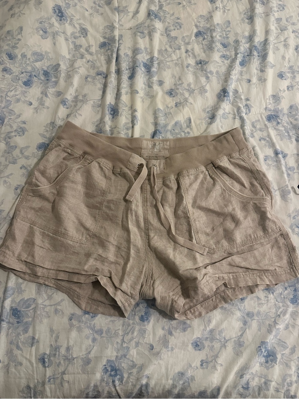 Calvin Klein Beige Drawstring Linen-Blend Athletic Shorts